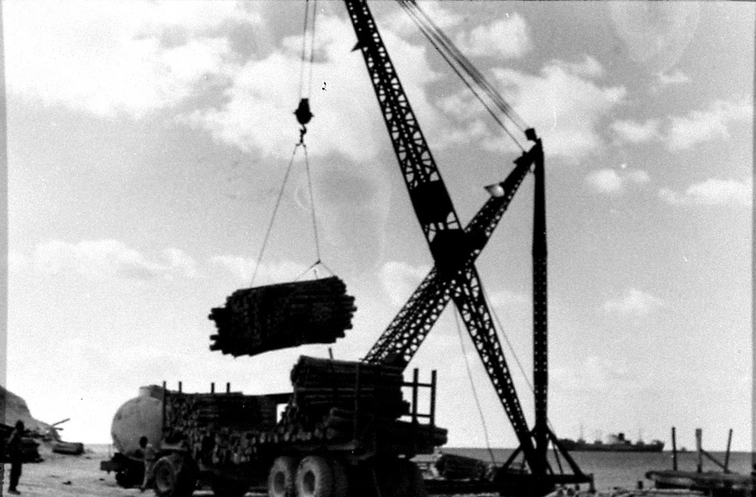 Loading lumber onto barges at Freeport Harbour, 1950's